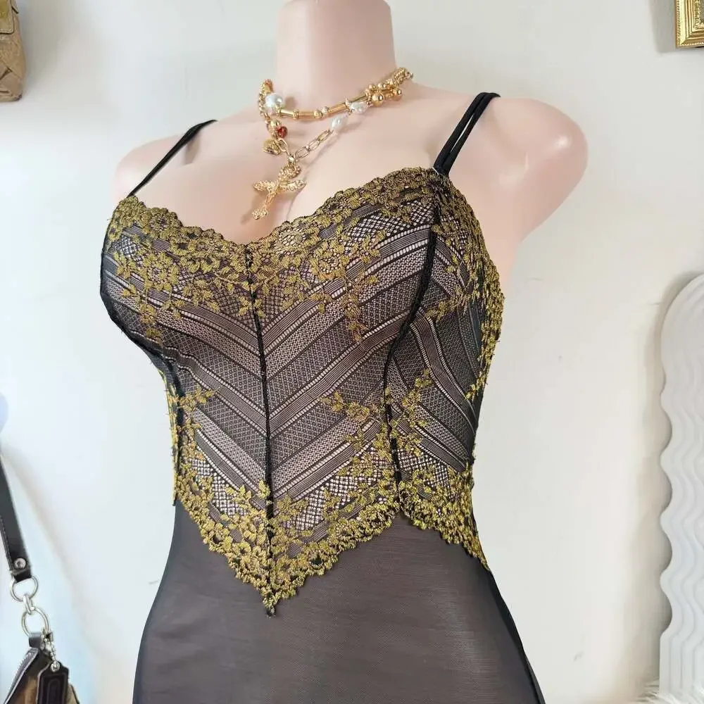 Y2K Black and Gold Lace Chemise Lingerie Dress